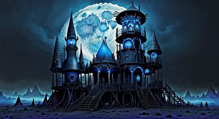 Epic Dark Fantasy Landscape with Blue Moon