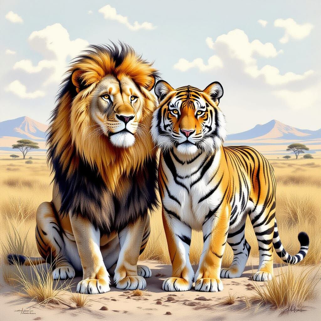Lion and Tiger in Savanna, Realistic Pencil Sketch