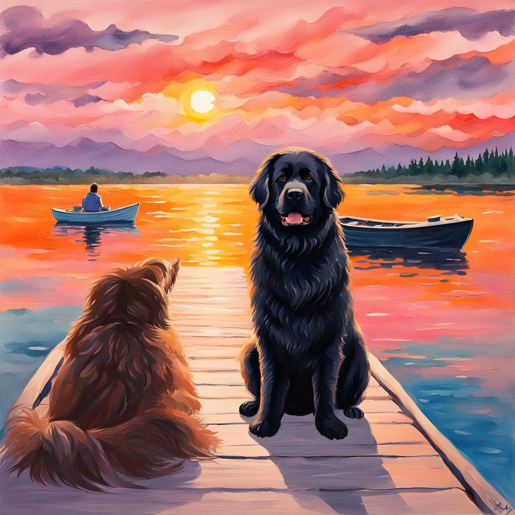 Newfoundland Dog Watches Departing Boat in Gouache Style