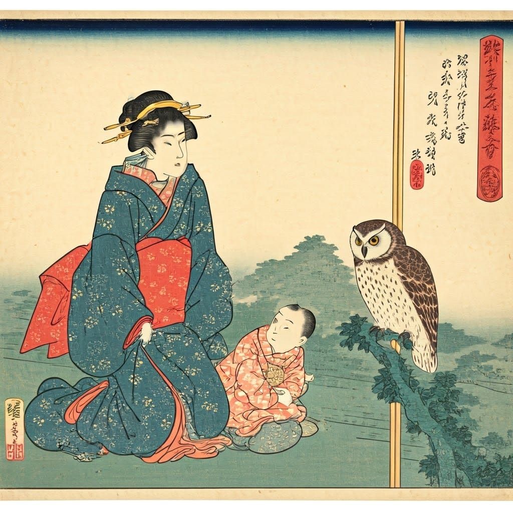 Classic Edo Woman Enjoys Nature with Baby and Owl