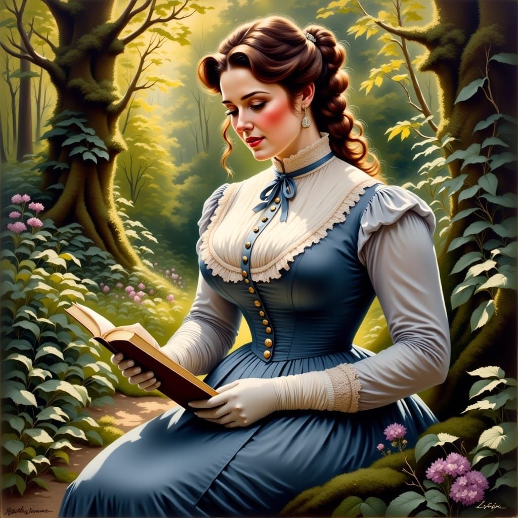 Victorian Woman Reading in Mystic Forest Oil Painting