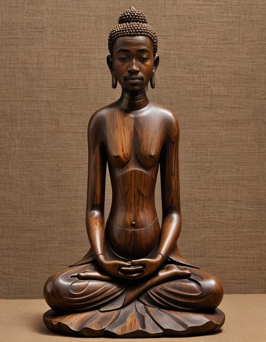 African Buddha Teak Wood Statuette in Meditation