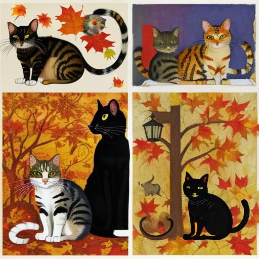Autumnal Cat and Mouse Paper Collage Art