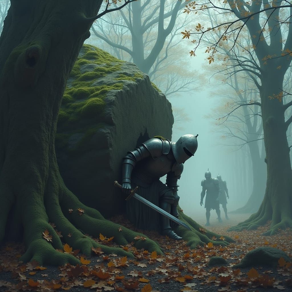 Cowardly Knight Hiding in Misty Forest
