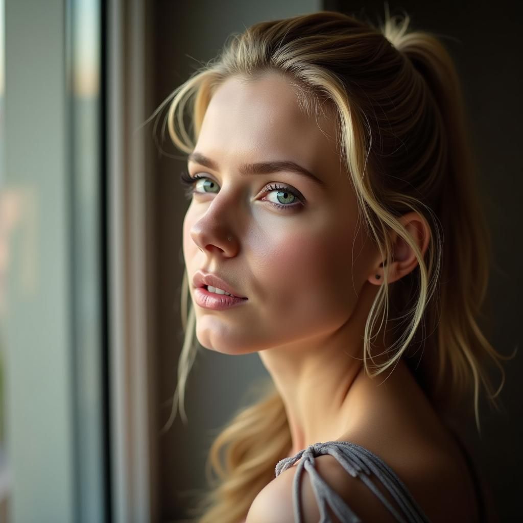 Blonde Woman Gazing Longingly, Professional Studio Portrait