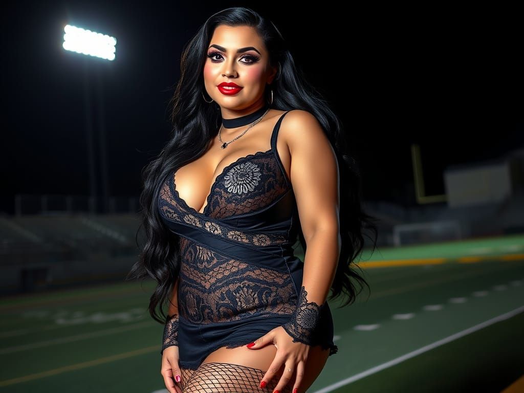 Curvy Goth Cheerleader Posing in Graffiti Street Art