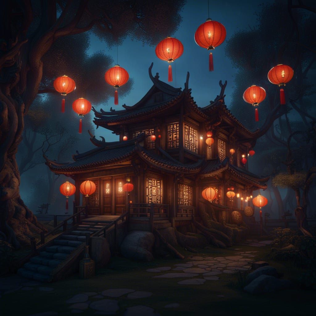 Cozy Chinese House in Woods at Night
