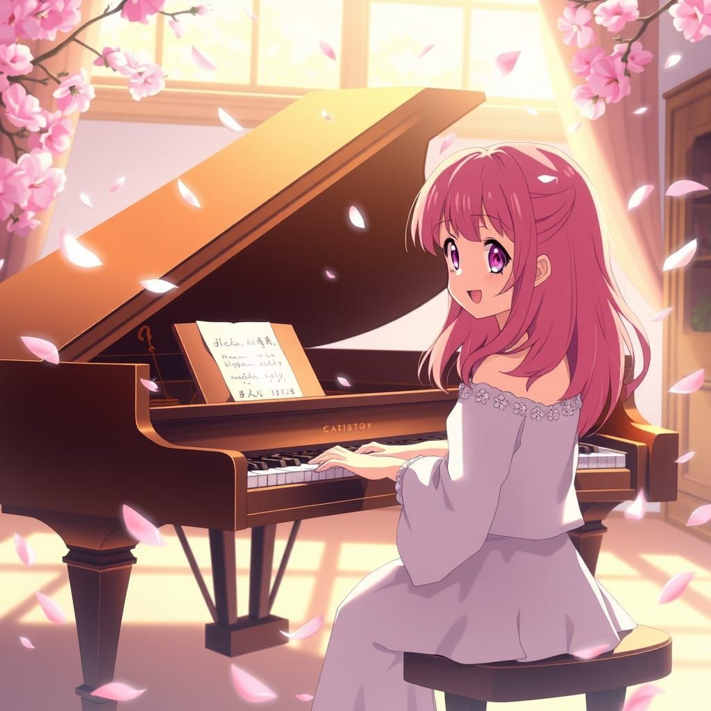 Anime Girl Plays Piano Amidst Cherry Blossoms