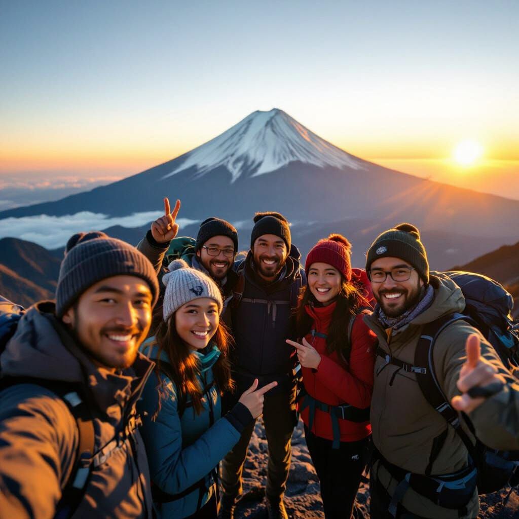 Hikers Celebrate Summiting Mt Fuji in Photorealistic Golden ...