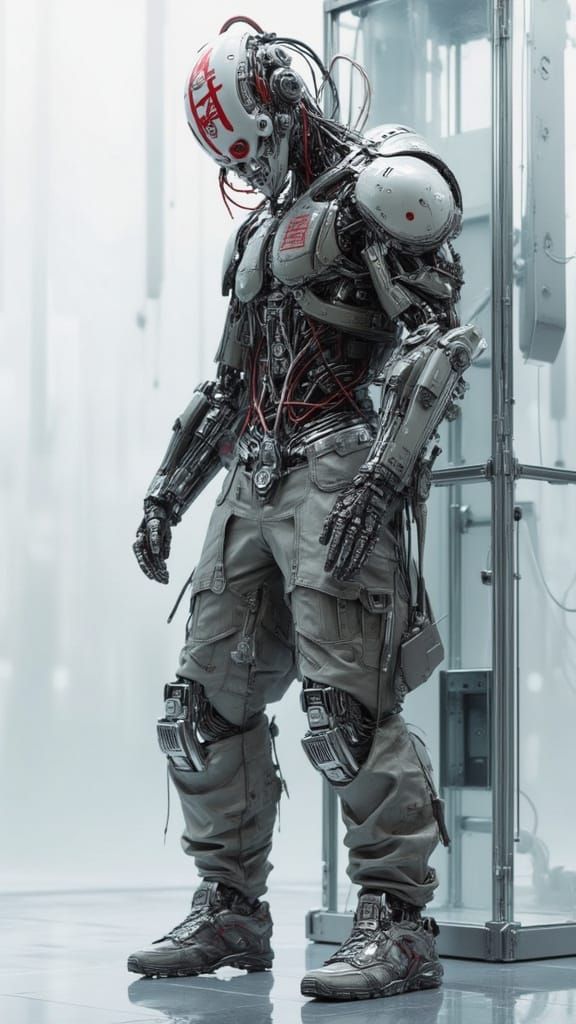 Cyborg Figure in Dystopian Bio-Tech Facility