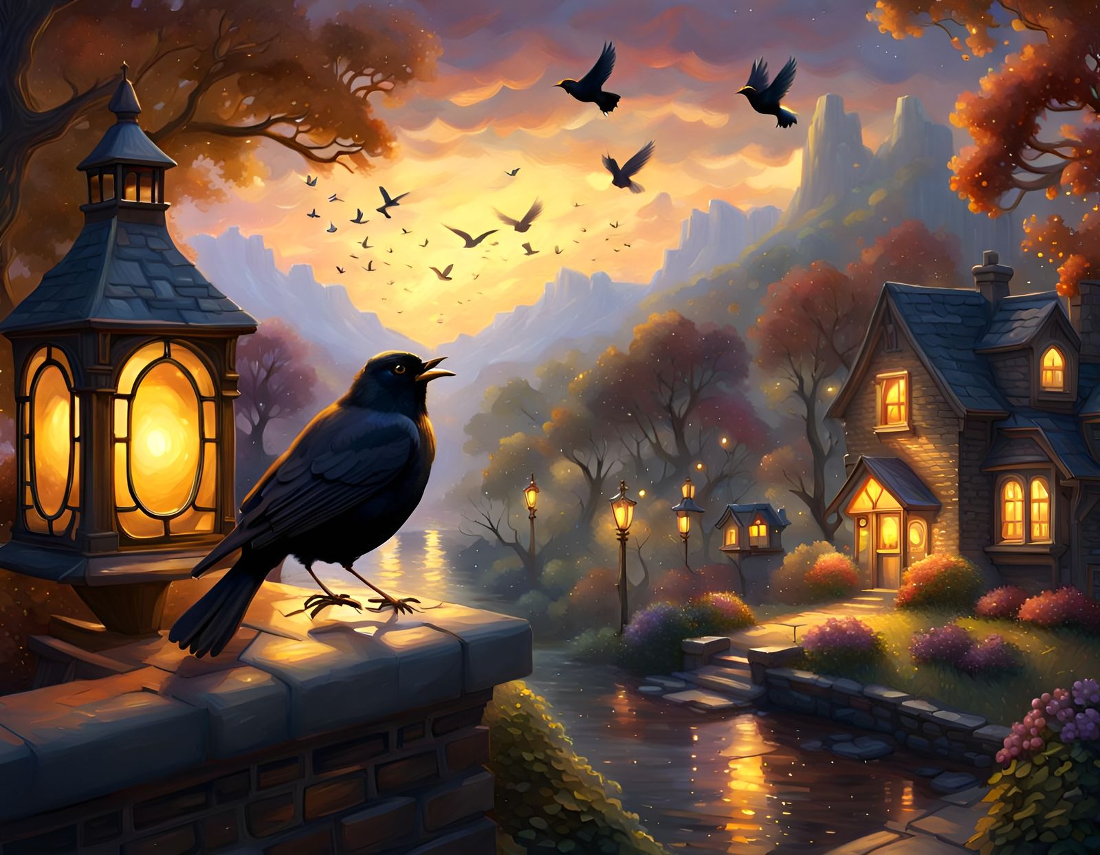 Blackbird Sings at Night in Detailed Painting