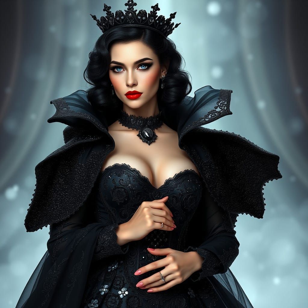 Dark Fantasy Queen in Black Ball Gown with Intricate Sequins...