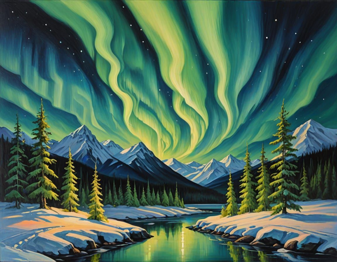 Northern Lights Landscape as Oil Painting