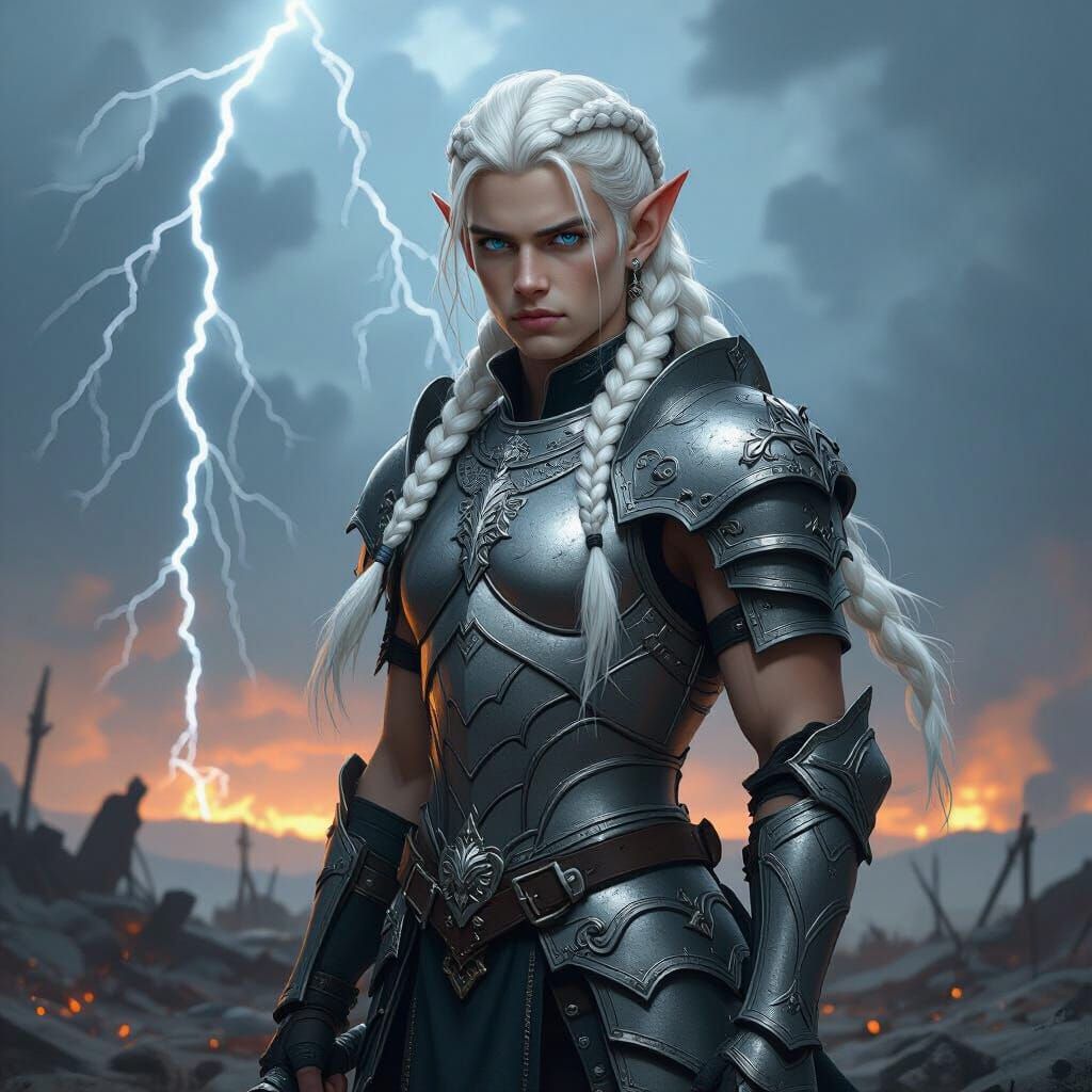 Elf Warrior in Stormy Battlefield, Matte Painting Style