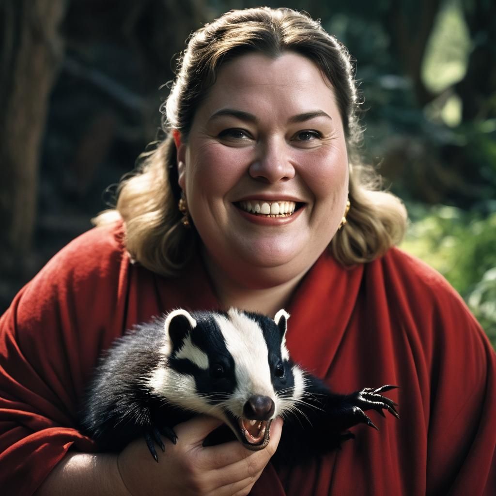 Cinematic Portrait: Smiling Woman with Baby Skunk