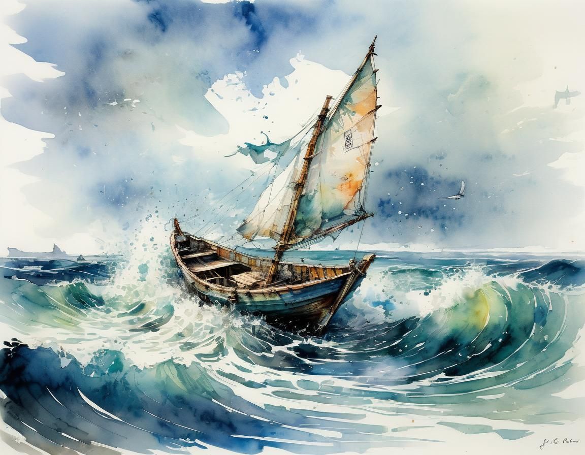 Fantasy Watercolor Boat Sailing in the Wind