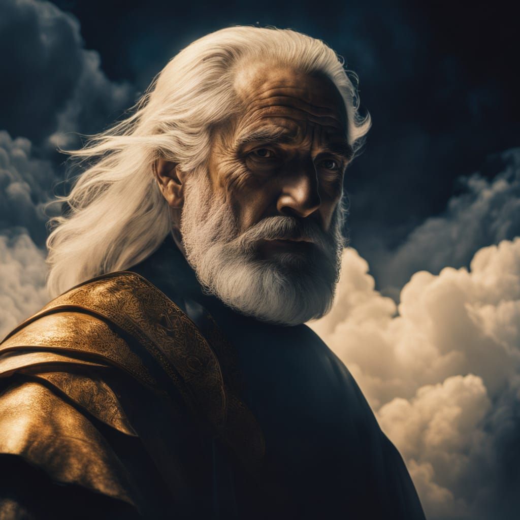 Divine Man Walks on Clouds in Golden Hour Light