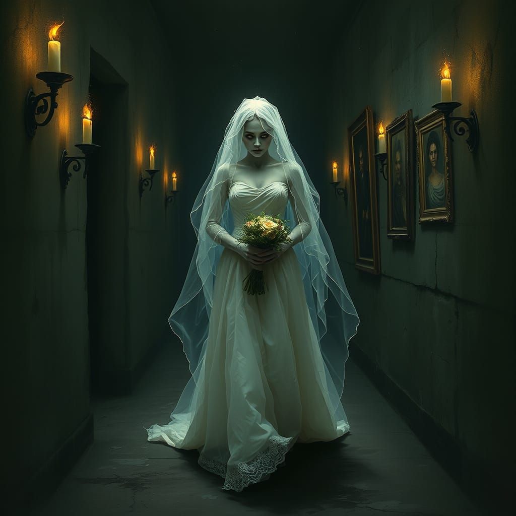 Ghost Bride in Candlelit Castle Corridor
