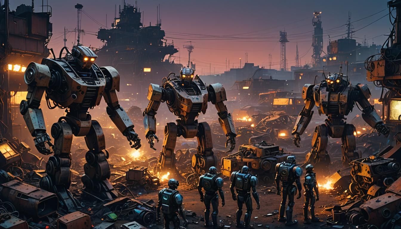 Robots Salvaging Scrap in Neo-Futuristic Junkyard