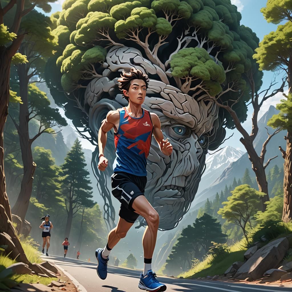 Marathon Runner with Brain in Shadows: 3D Anime Art