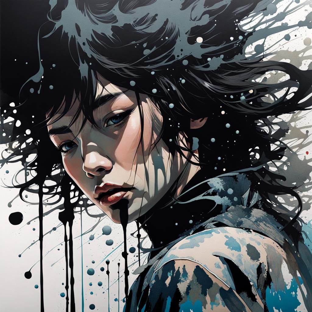 Underwater Ink Splatter Portrait with Flowing Hair