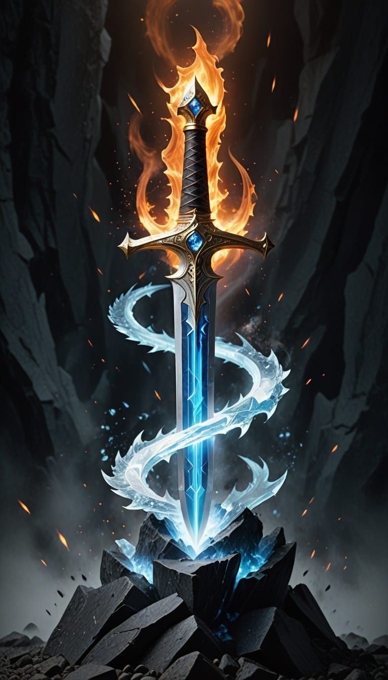 Epic Fantasy Sword with Fiery Hilt and Icy Blade