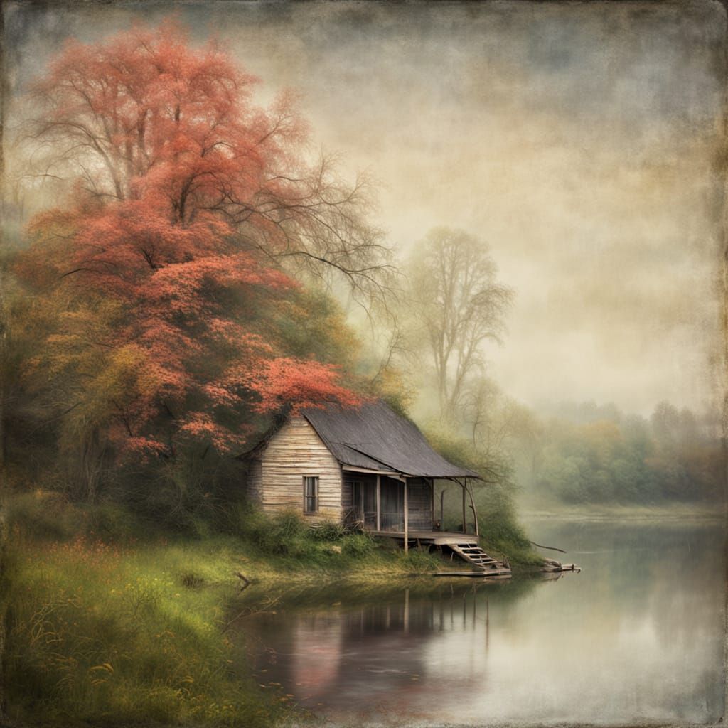 Vibrant Oil Painting of a Flowering Tree by a River