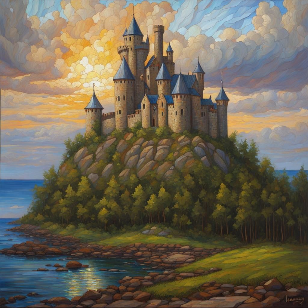 Stained Glass Castle in Oil Painting Style