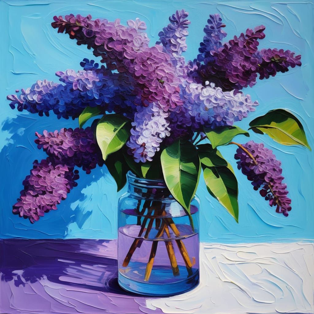 Lilac in Transparent Container: Neo-Impressionist Oil Painti...