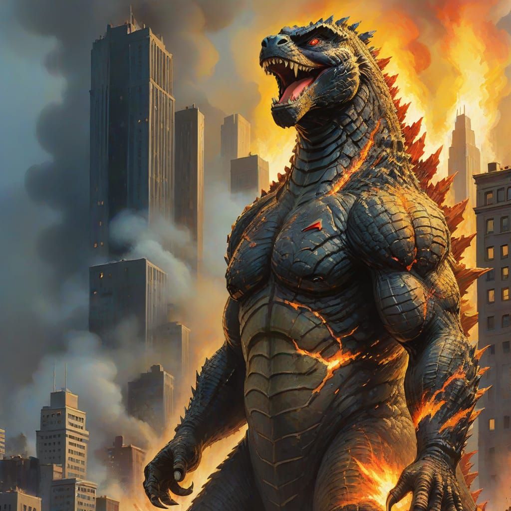 Godzilla in Burning City: Gouache Fantasy Art