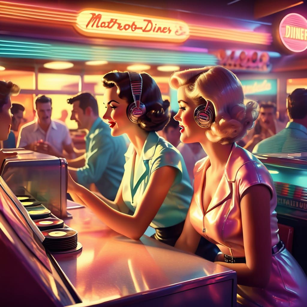 Nostalgic Retro Diner Scene in Vintage Illustration Style