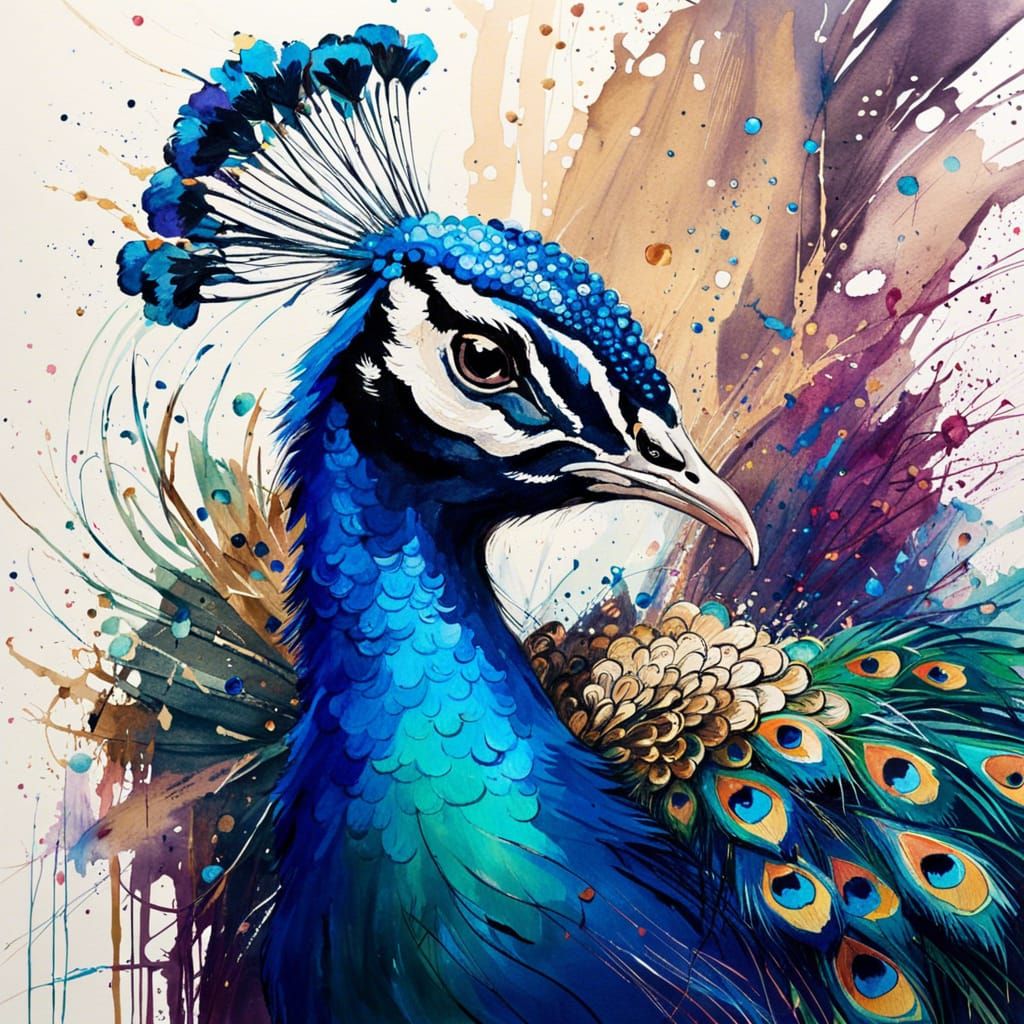 Elegant Peacock: Watercolor Calligraphy Splash Art