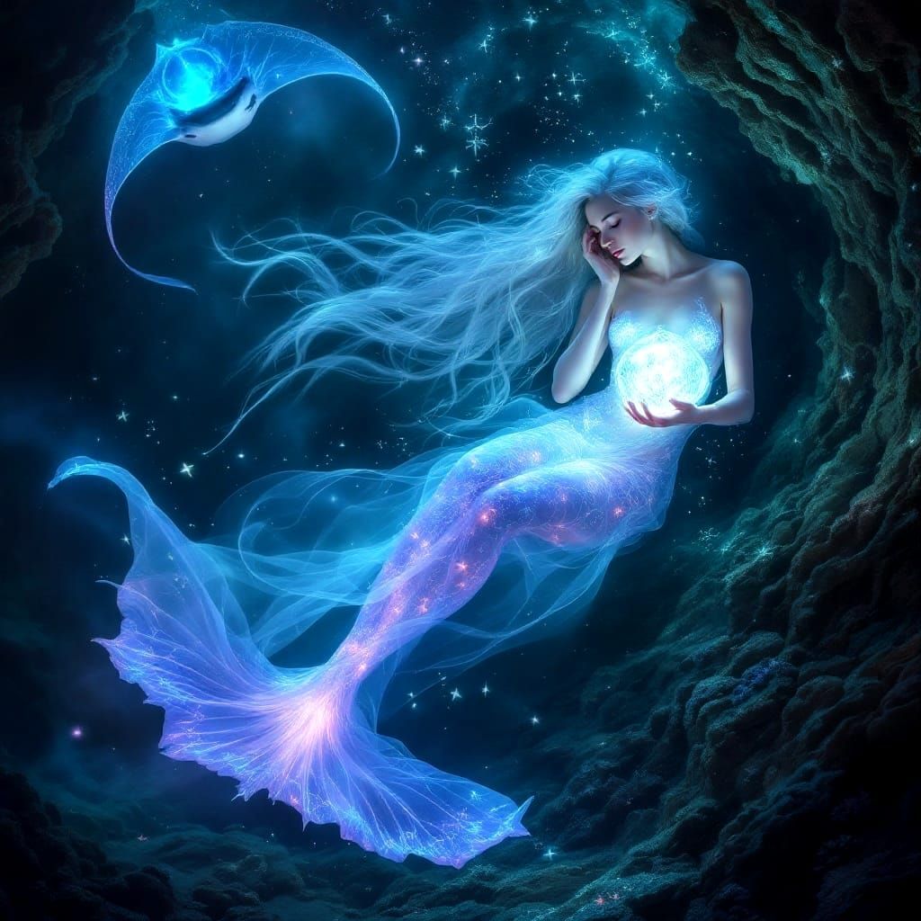 Mystic Mermaid Oracle of the Deep in Opalescent Shell Chambe...