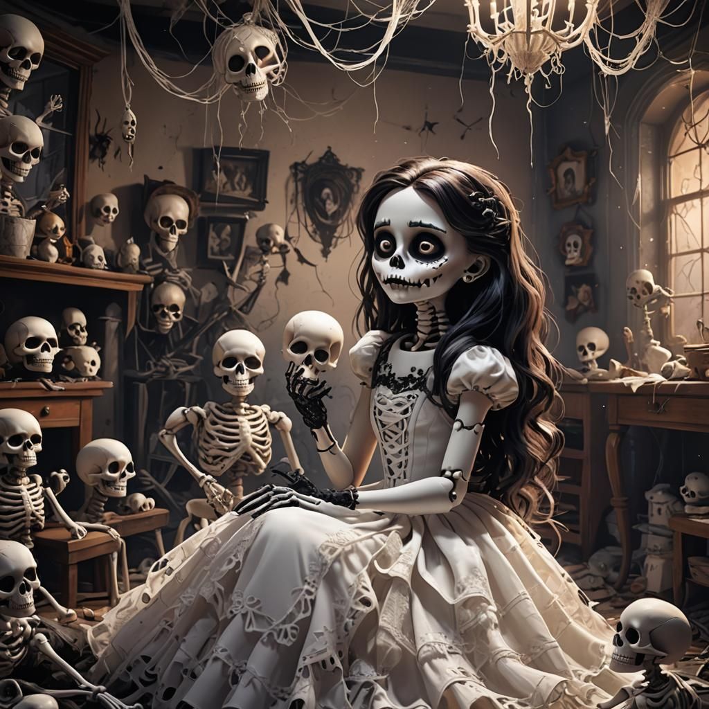 Little Skeleton Girl Brushing Doll, 3D Art