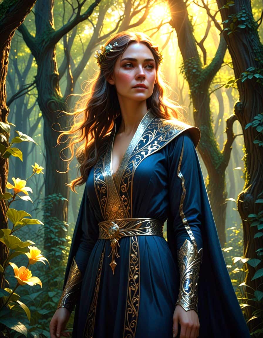 Ethereal Wizardess in a Verdant Forest, Inspired by Art Nouv...