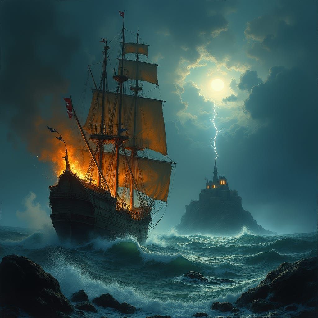 Pirate Galleon Ablaze in Turbulent Stormy Sea