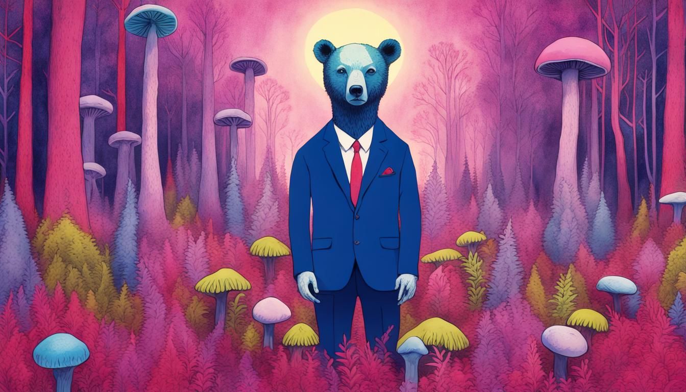 Psychedelic Bear in a Mushroom Skull Forest