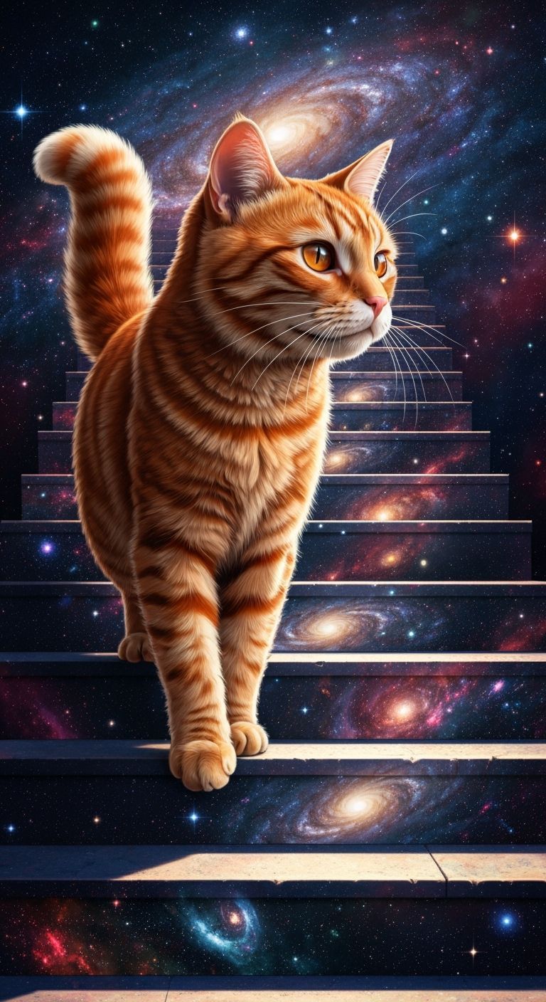 A drawing of a cat ascending an endless series of steps