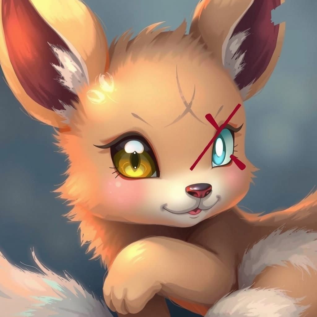 Whimsical Evee-Inspired Creature with Scarred Eye and Torn E...