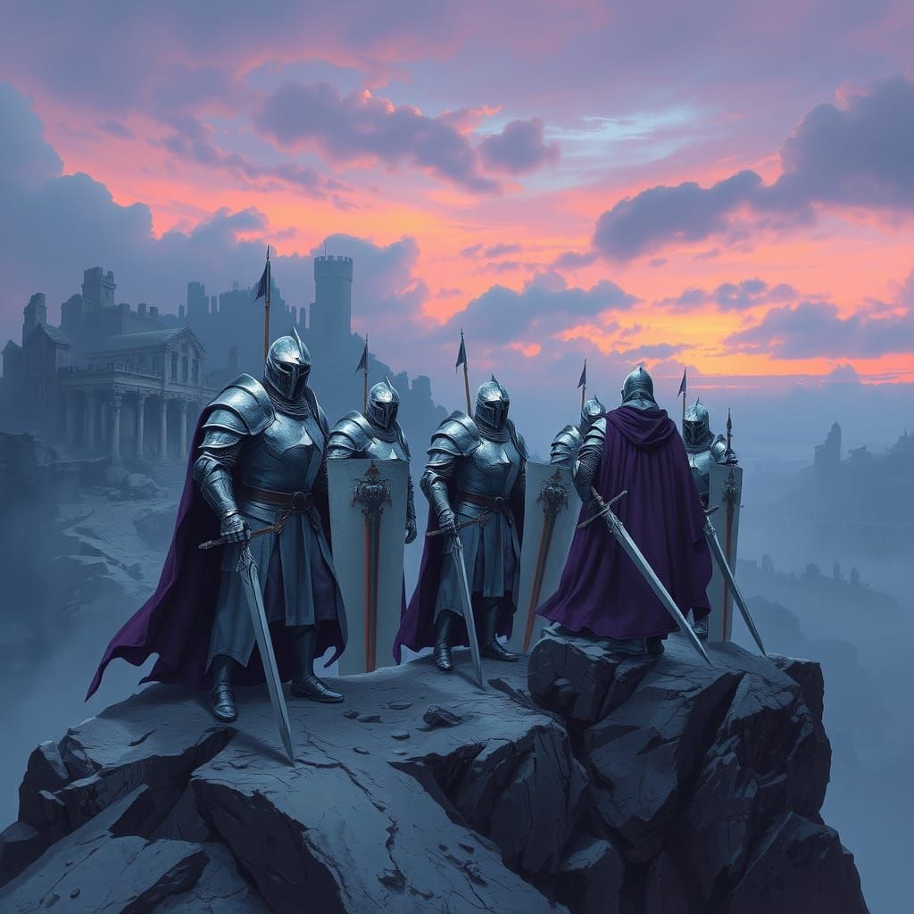 Armored Knights on Rocky Outcrop in Dark Fantasy Style