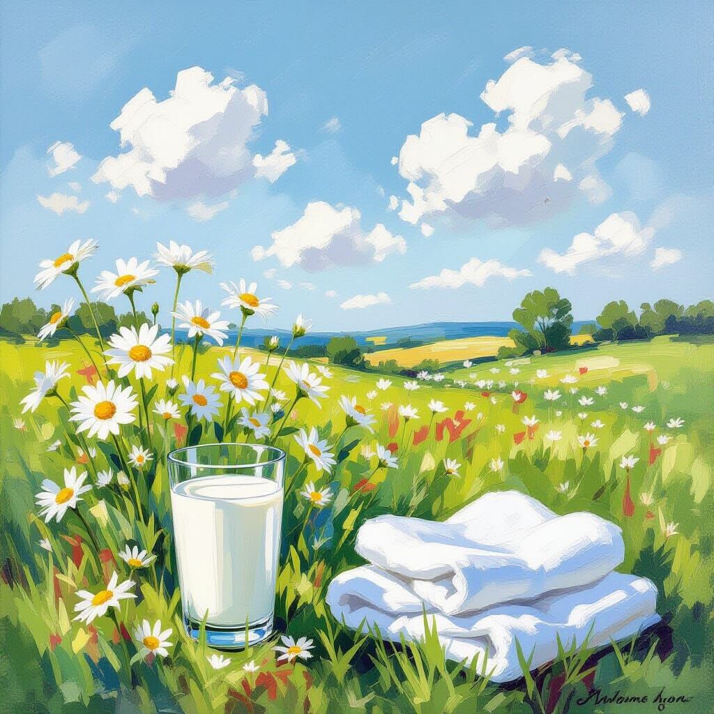 Impressionist Meadow with White Daisies and Clouds