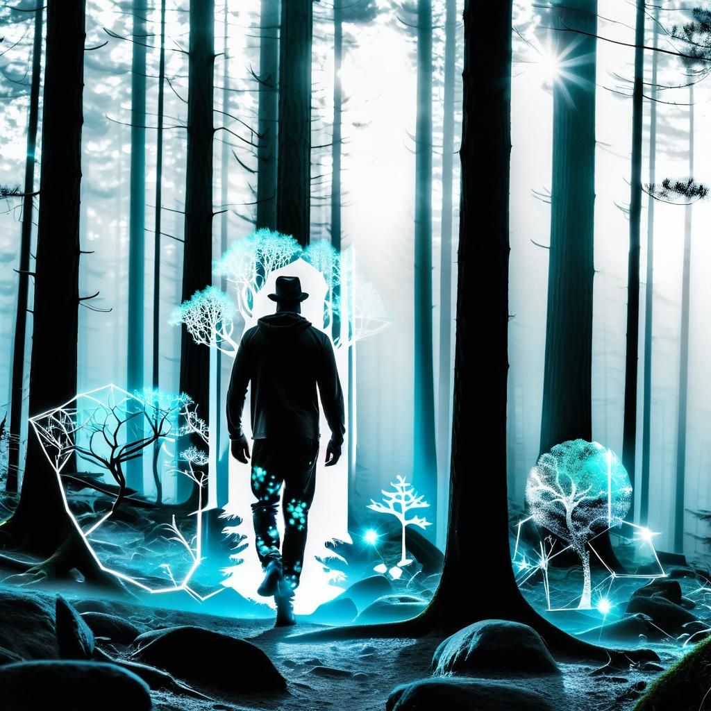 Bioluminescent Forest Man in Double Exposure