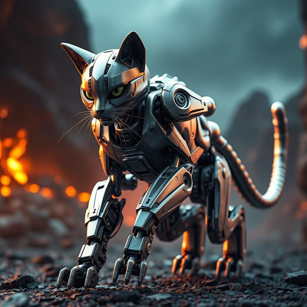 Metal Robotic Cat in Epic Hyper-Realistic Action Pose