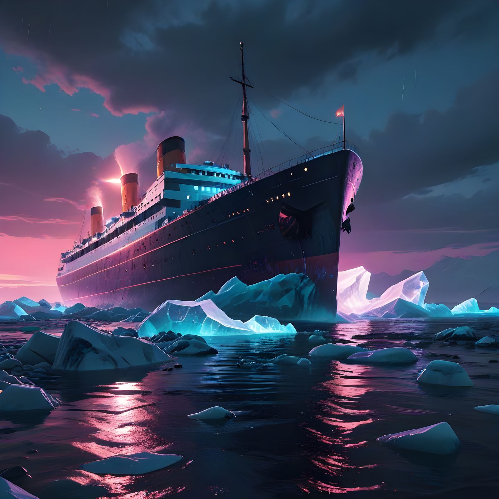 Surreal Neon Vision of Titanic's Descent into the Icy Sea