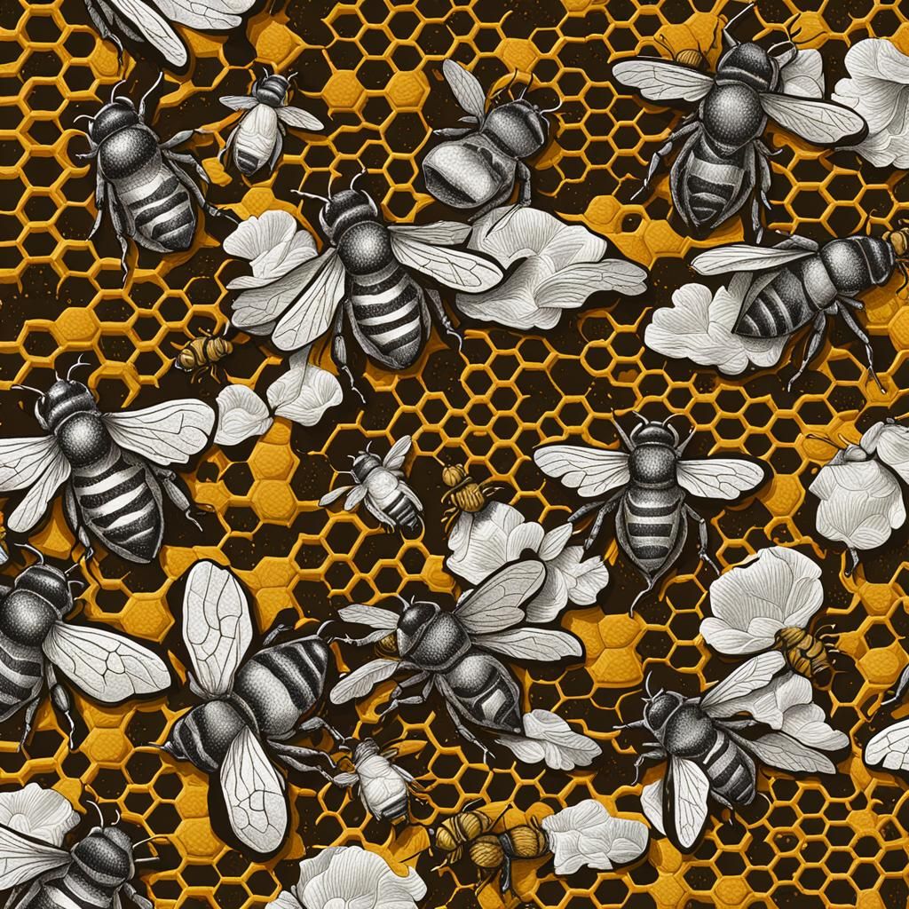 Repeating Bee Pattern in Woodcut Style