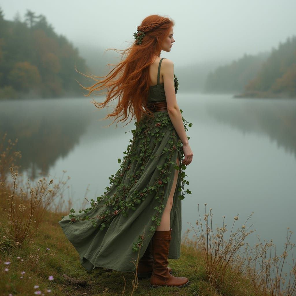 Celtic Woman in Misty Landscape, Pre-Raphaelite Style