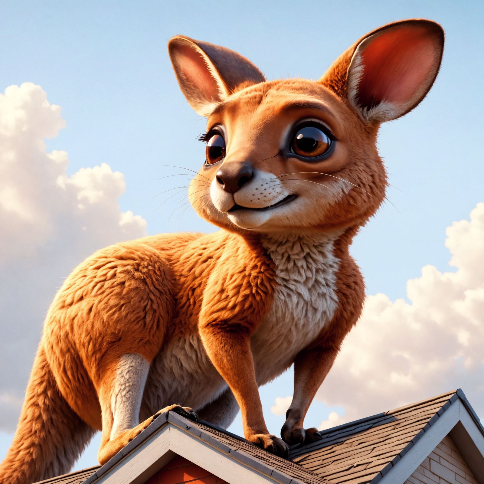 Charming Kangaroo on Rooftop, Detailed Oil Painting