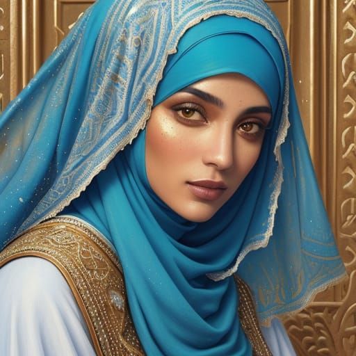 Watercolor Portrait of a Woman in Cobalt Hijab
