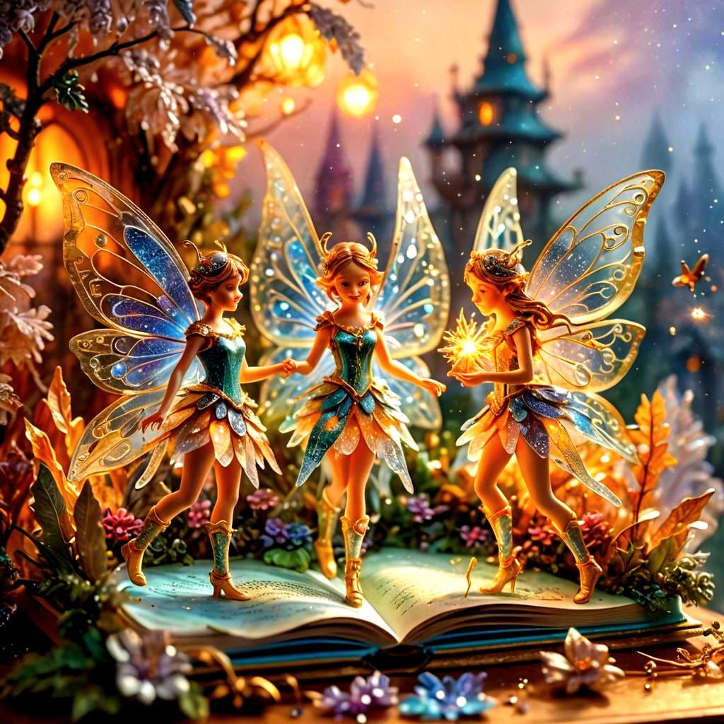 Crystal Fairies in Magical Pop-Up Book: Hyperrealistic 3D Re...