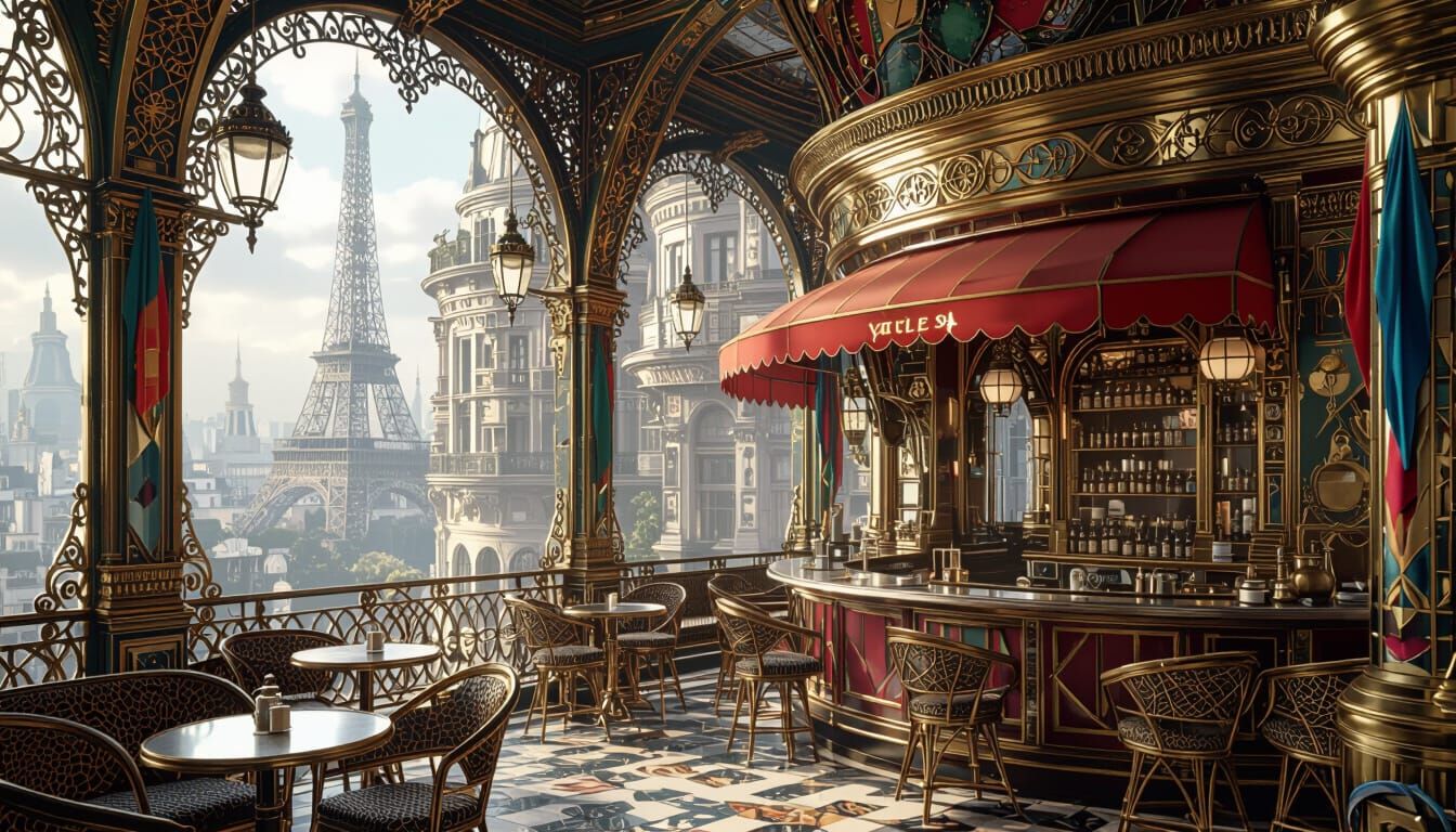 Enchanted Parisian Cafés: Retro-Futuristic Fantasy Landscape